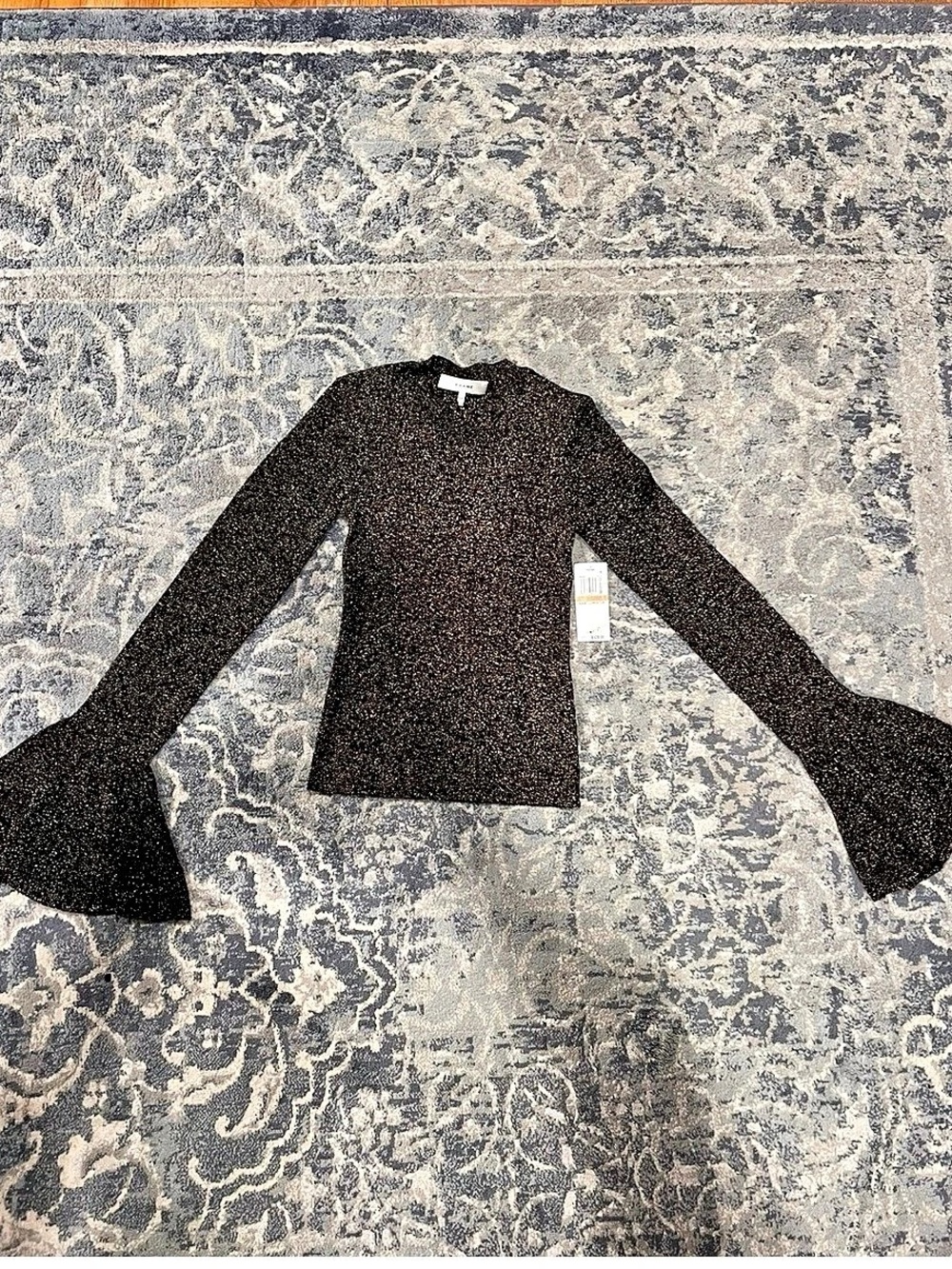 FRAME Godet Lurex Top Black Bell Sleeve Long Sleeve Top